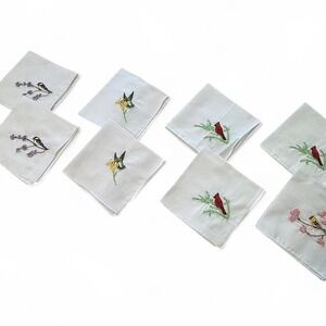 vintage embroidered bird and flower napkins set (8) cottagecore